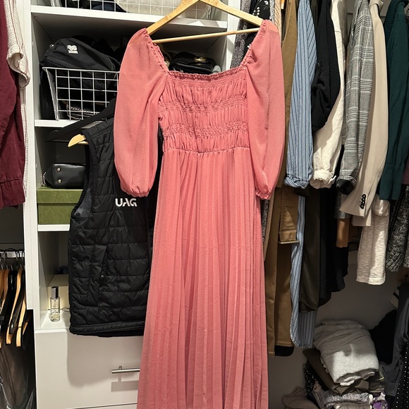 ASOS Dresses & Skirts - ASOS Pink Midi Dress with Smocked Bodice and Puff Sleeves